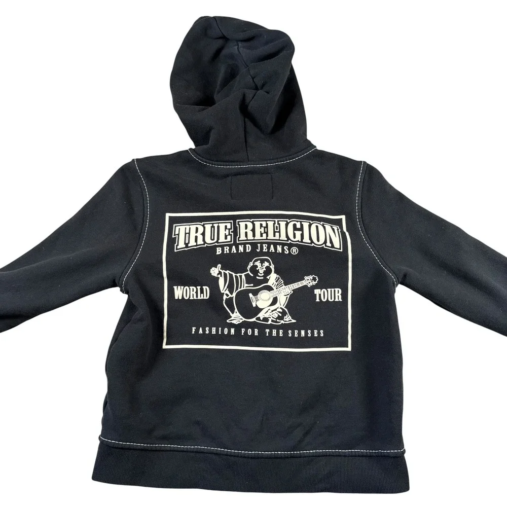 True Religion Zip Up Hoodie Mens M Black Big Graphic Streetwear Y2K Gorpcore